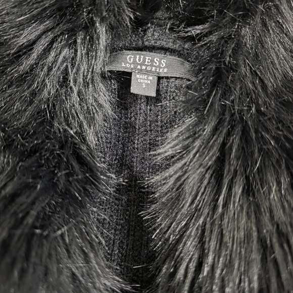 Guess Los Angeles dark black vintage wool faux fur wrap cardigan with tie - Picture 7 of 7